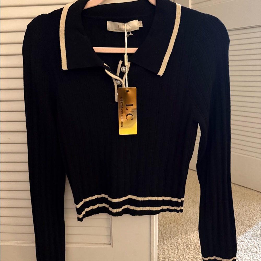 Black and Cream Ribbed Knit Top